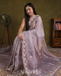 Lavender Tissue Striped and Pichwai Embroidered Border Pure Kora Silk Saree — Draped