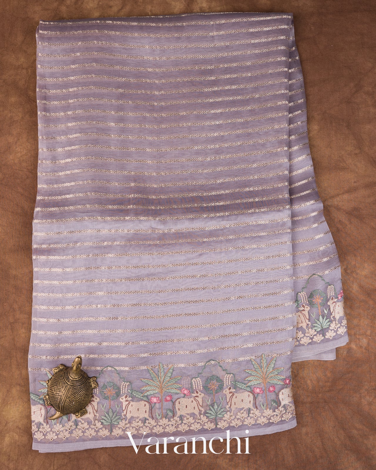 Lavender Tissue Striped and Pichwai Embroidered Border Pure Kora Silk Saree — Full Saree