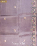 Lavender Tissue Striped and Pichwai Embroidered Border Pure Kora Silk Saree — Pallu