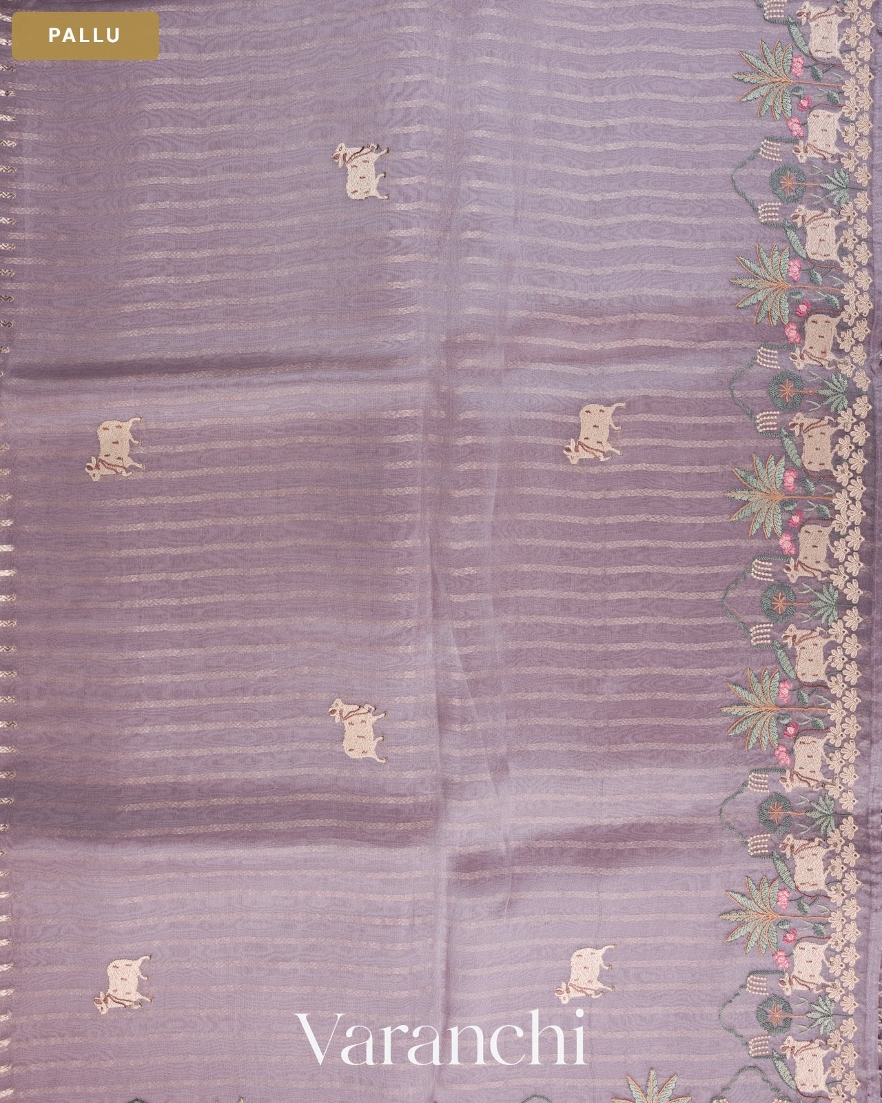 Lavender Tissue Striped and Pichwai Embroidered Border Pure Kora Silk Saree — Pallu