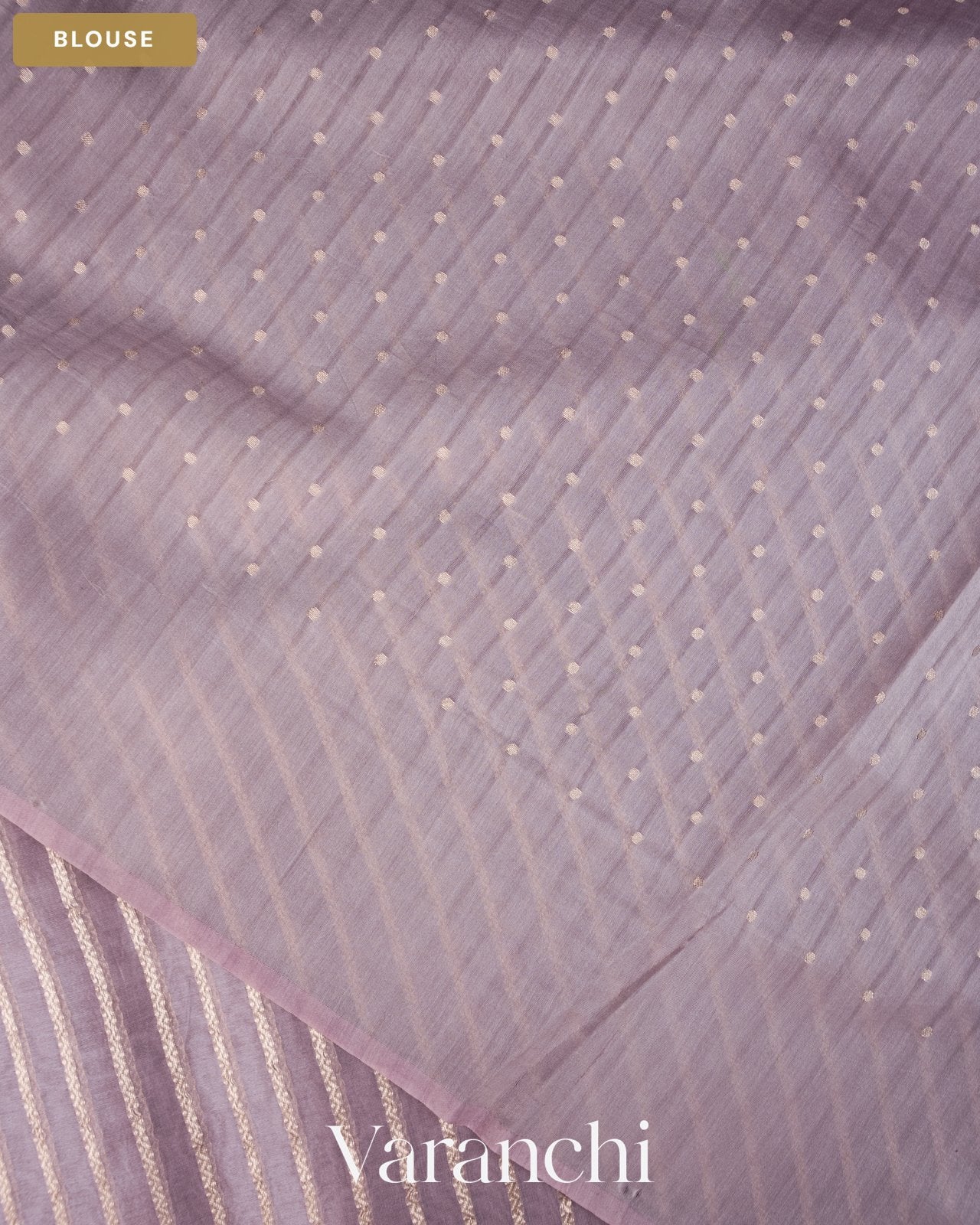 Lavender Tissue Striped and Pichwai Embroidered Border Pure Kora Silk Saree — Blouse