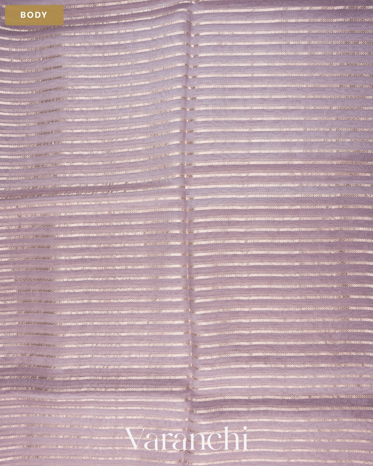 Lavender Tissue Striped and Pichwai Embroidered Border Pure Kora Silk Saree — Body