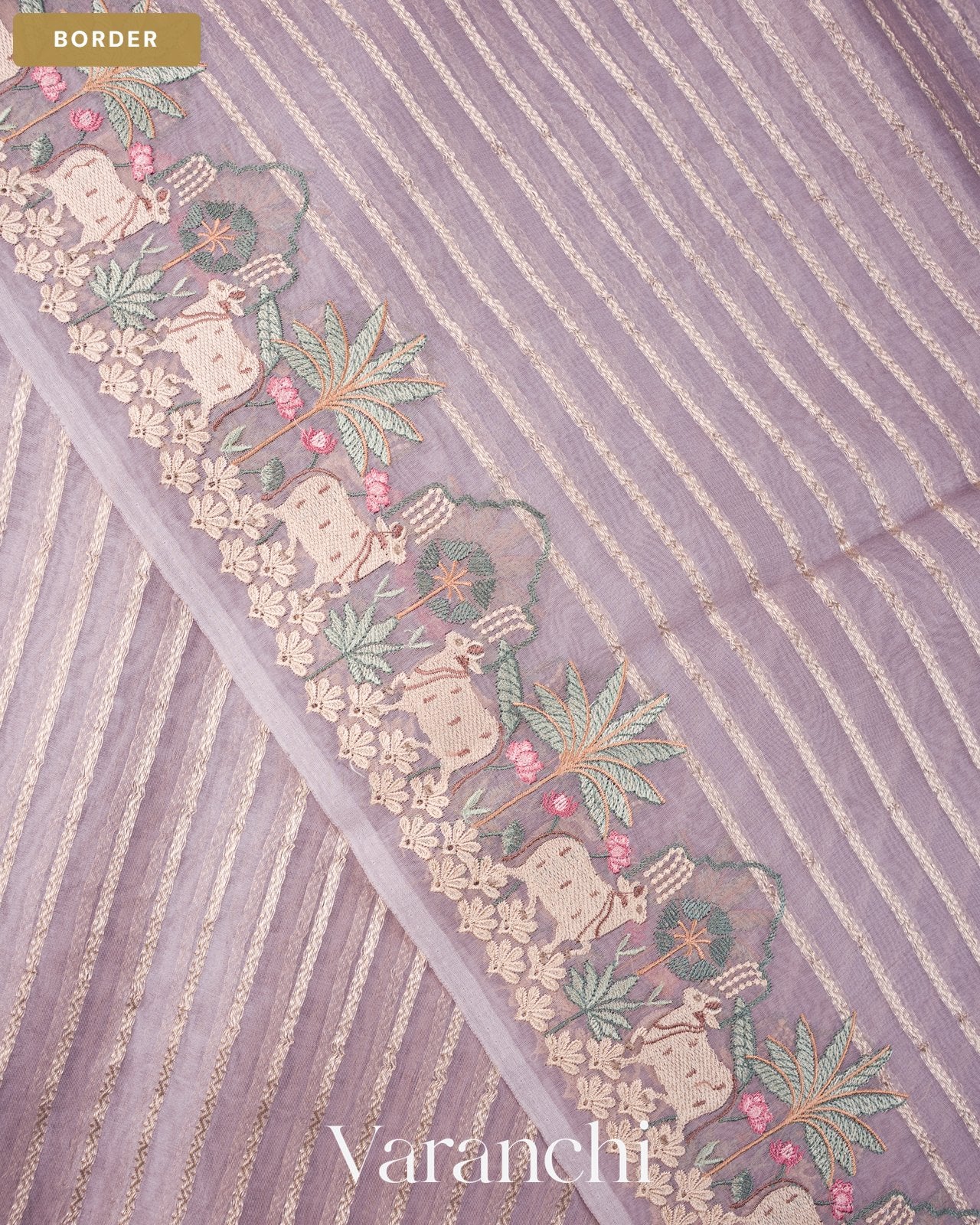 Lavender Tissue Striped and Pichwai Embroidered Border Pure Kora Silk Saree — Border