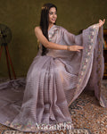 Lavender Tissue Striped and Pichwai Embroidered Border Pure Kora Silk Saree — Draped