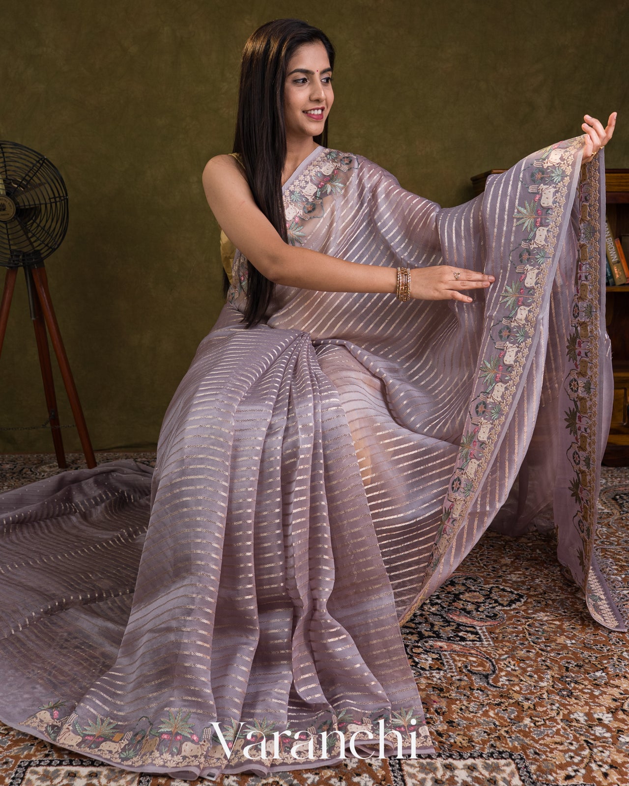 Lavender Tissue Striped and Pichwai Embroidered Border Pure Kora Silk Saree — Draped