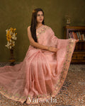 Baby Pink Tissue Striped and Pichwai Embroidered Border Pure Kora Silk Saree — Draped