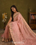 Baby Pink Tissue Striped and Pichwai Embroidered Border Pure Kora Silk Saree — Draped