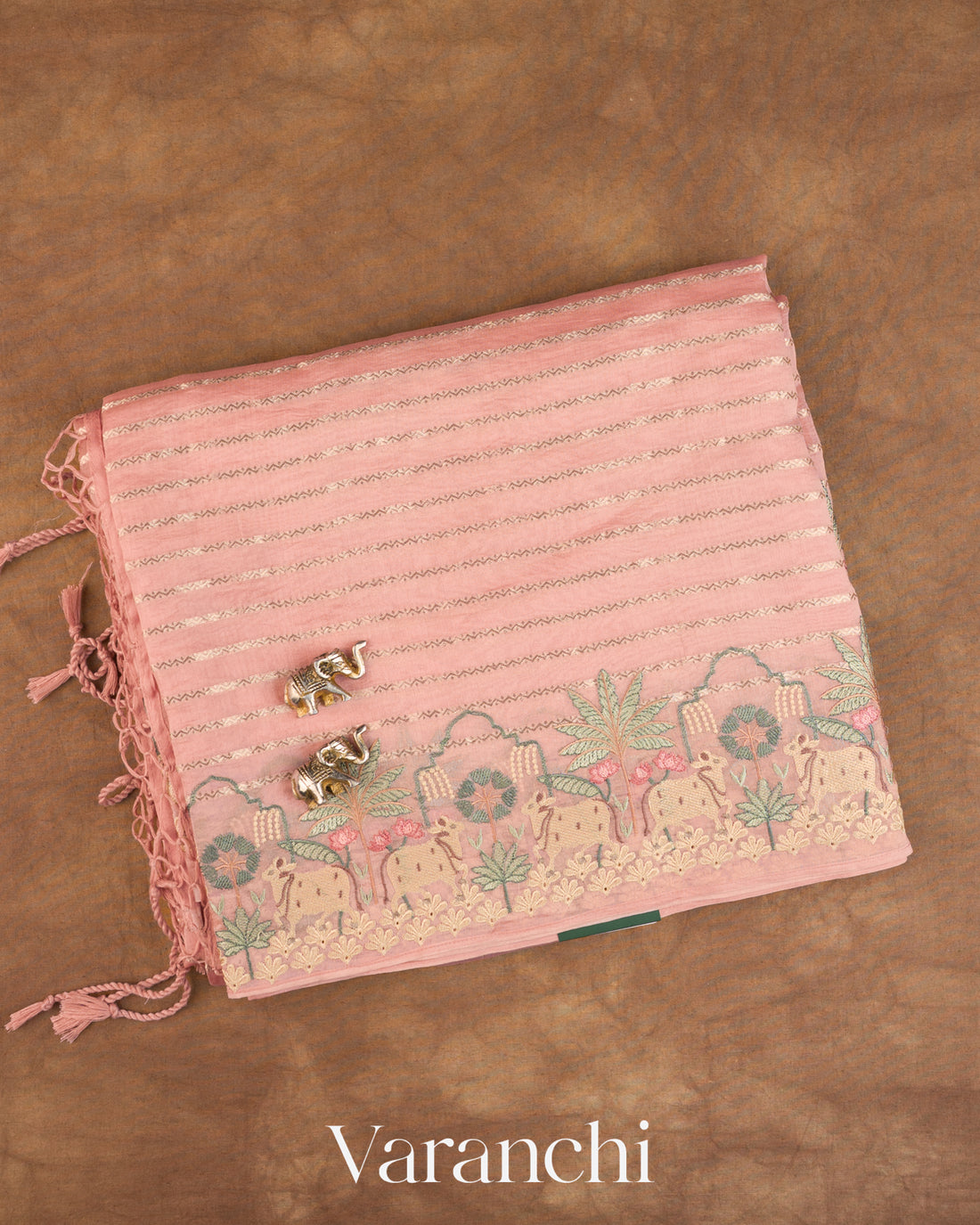 Baby Pink Tissue Striped and Pichwai Embroidered Border Pure Kora Silk Saree — Folded