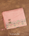 Baby Pink Tissue Striped and Pichwai Embroidered Border Pure Kora Silk Saree — Folded