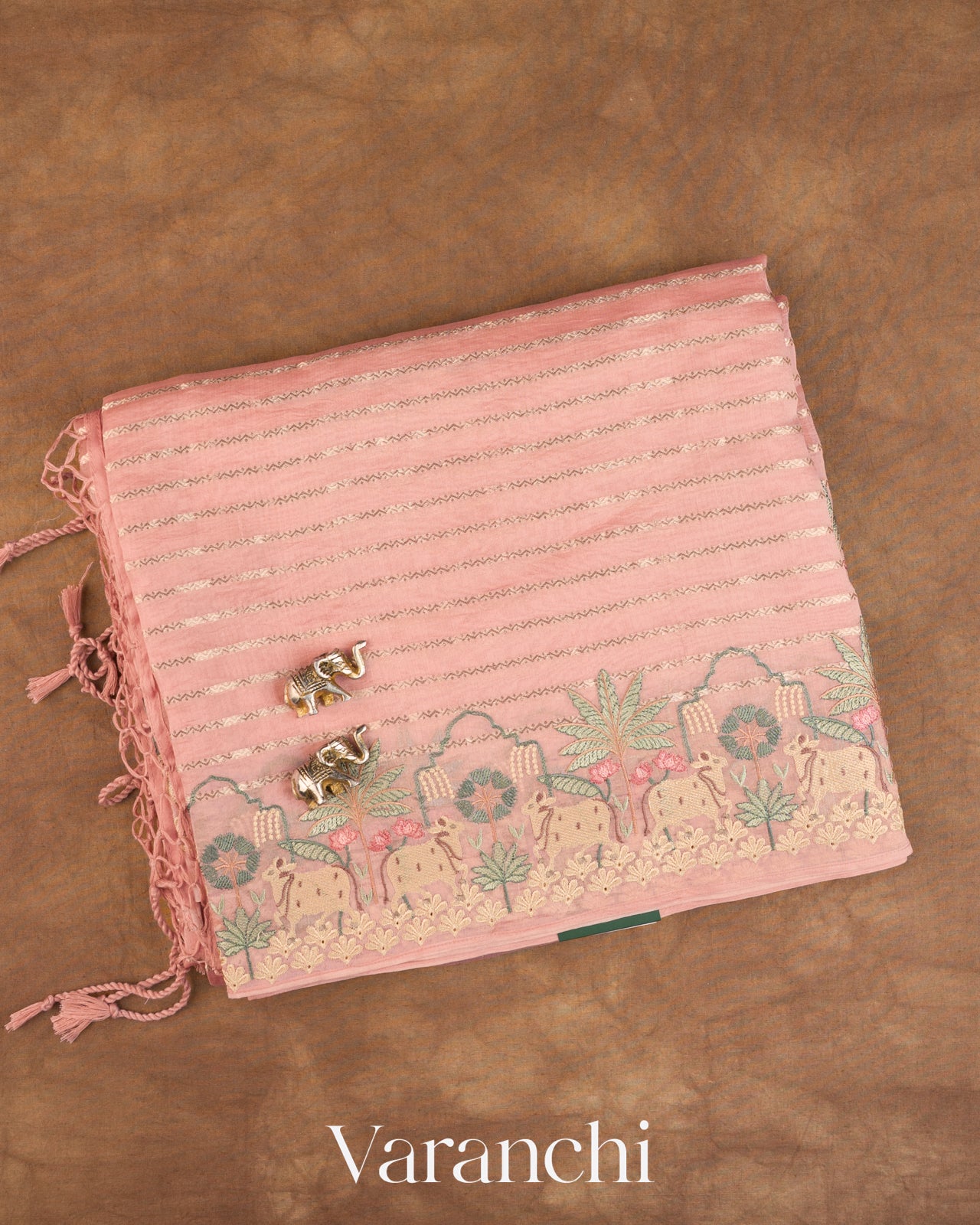 Baby Pink Tissue Striped and Pichwai Embroidered Border Pure Kora Silk Saree — Folded