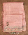 Baby Pink Tissue Striped and Pichwai Embroidered Border Pure Kora Silk Saree — Full Saree