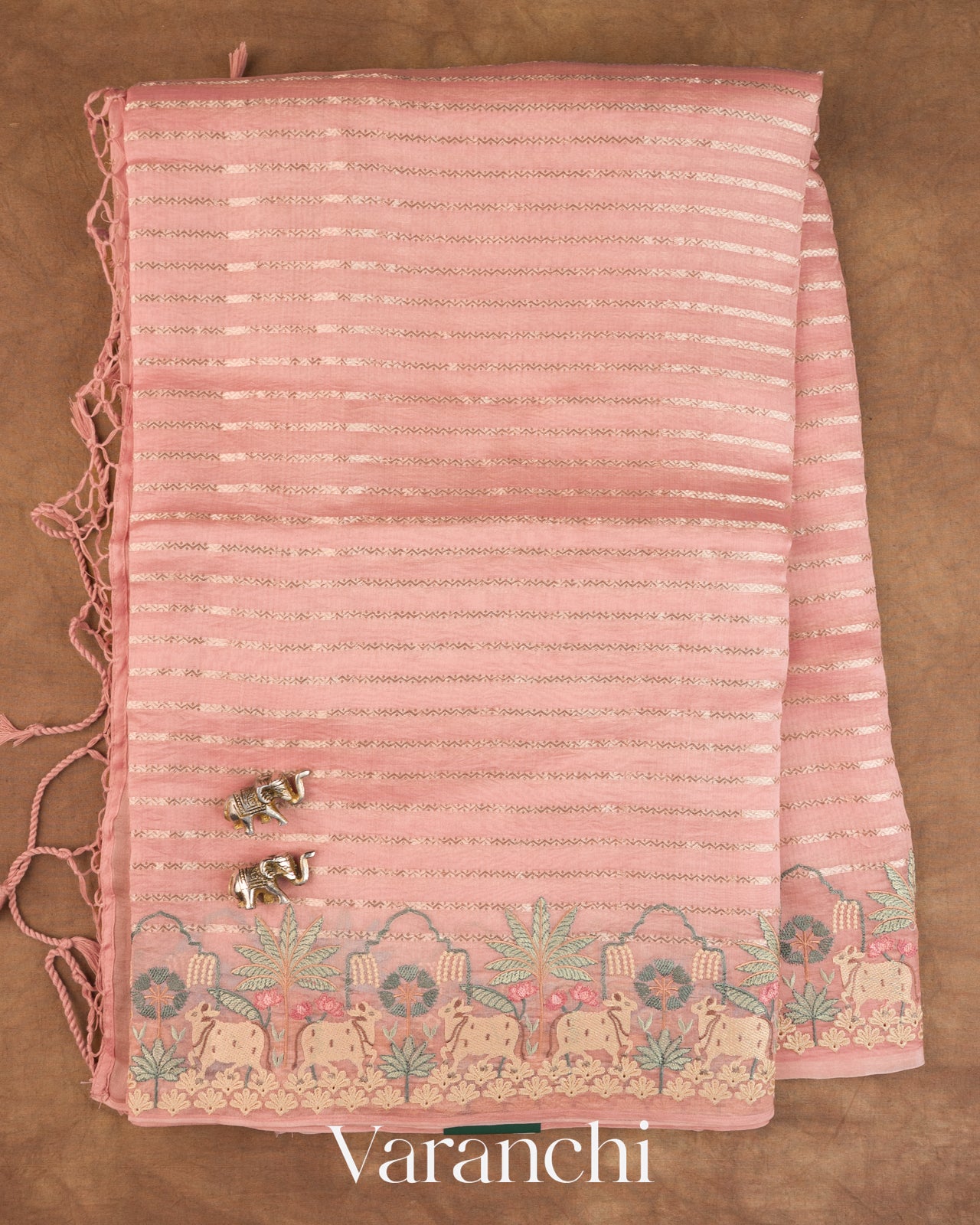Baby Pink Tissue Striped and Pichwai Embroidered Border Pure Kora Silk Saree — Full Saree