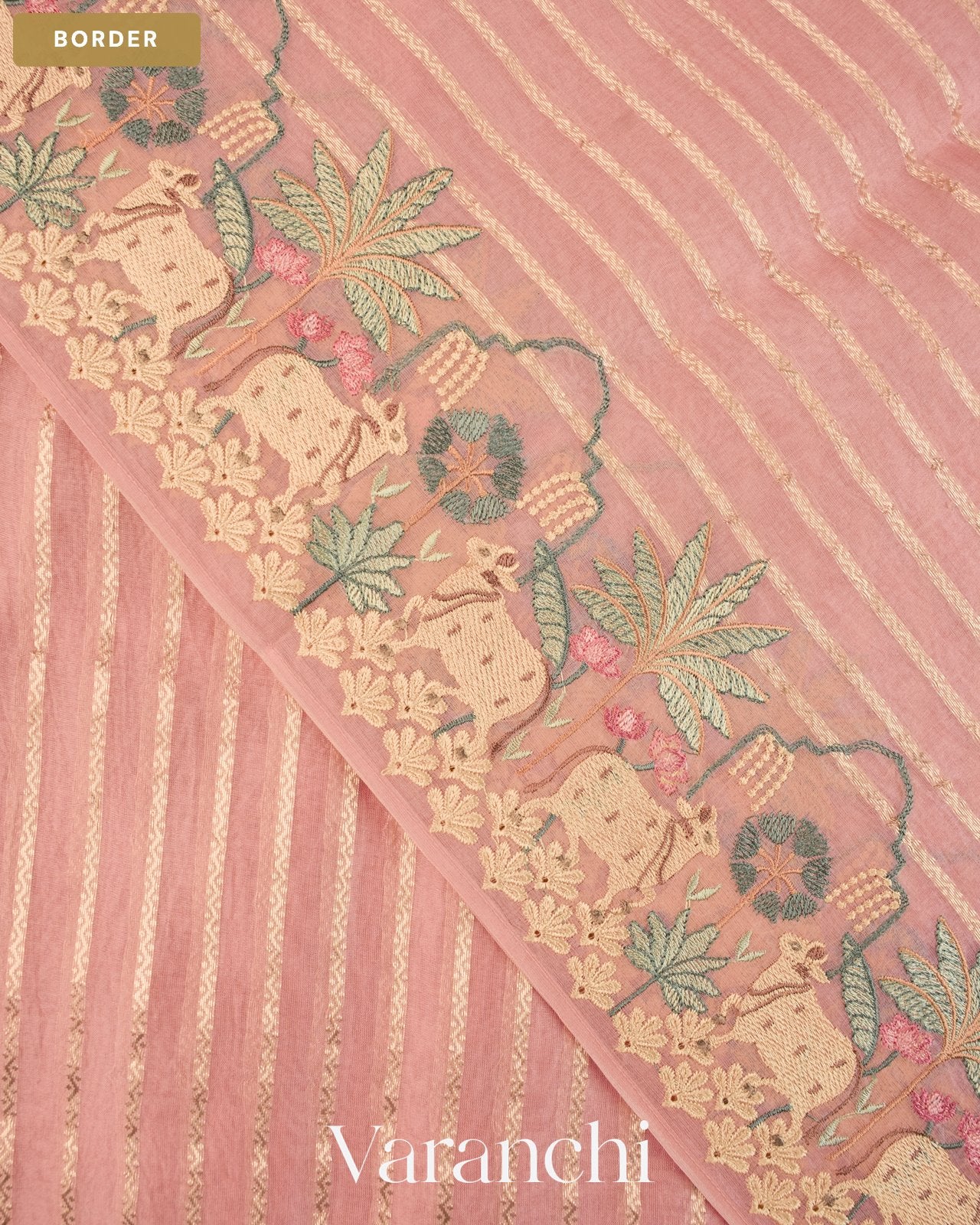 Baby Pink Tissue Striped and Pichwai Embroidered Border Pure Kora Silk Saree — Border