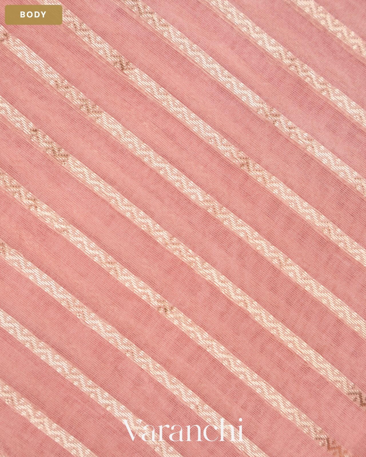 Baby Pink Tissue Striped and Pichwai Embroidered Border Pure Kora Silk Saree — Body