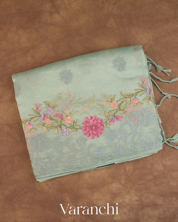 Powder Blue Floral Embroidered Pure Kora Silk Saree