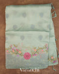 Powder Blue Floral Embroidered Pure Kora Silk Saree