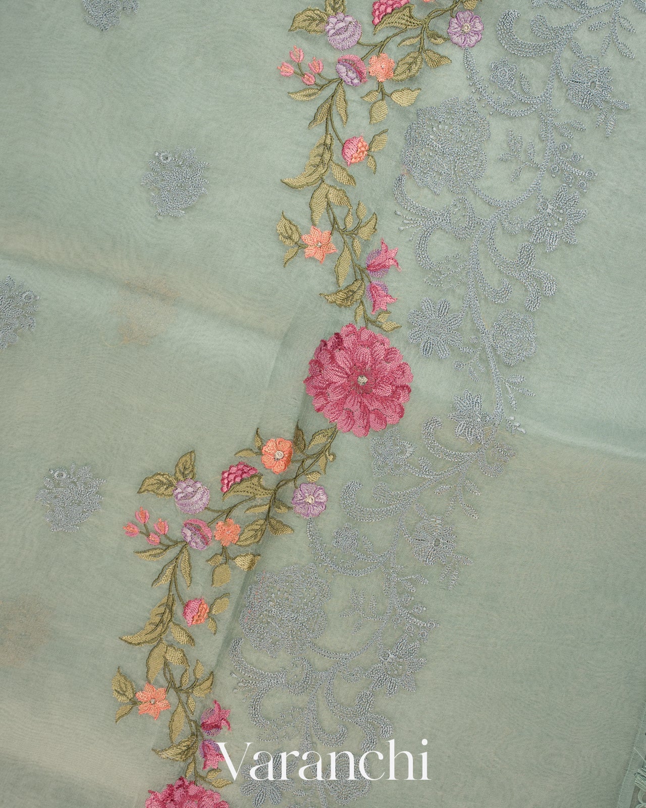 Powder Blue Floral Embroidered Pure Kora Silk Saree
