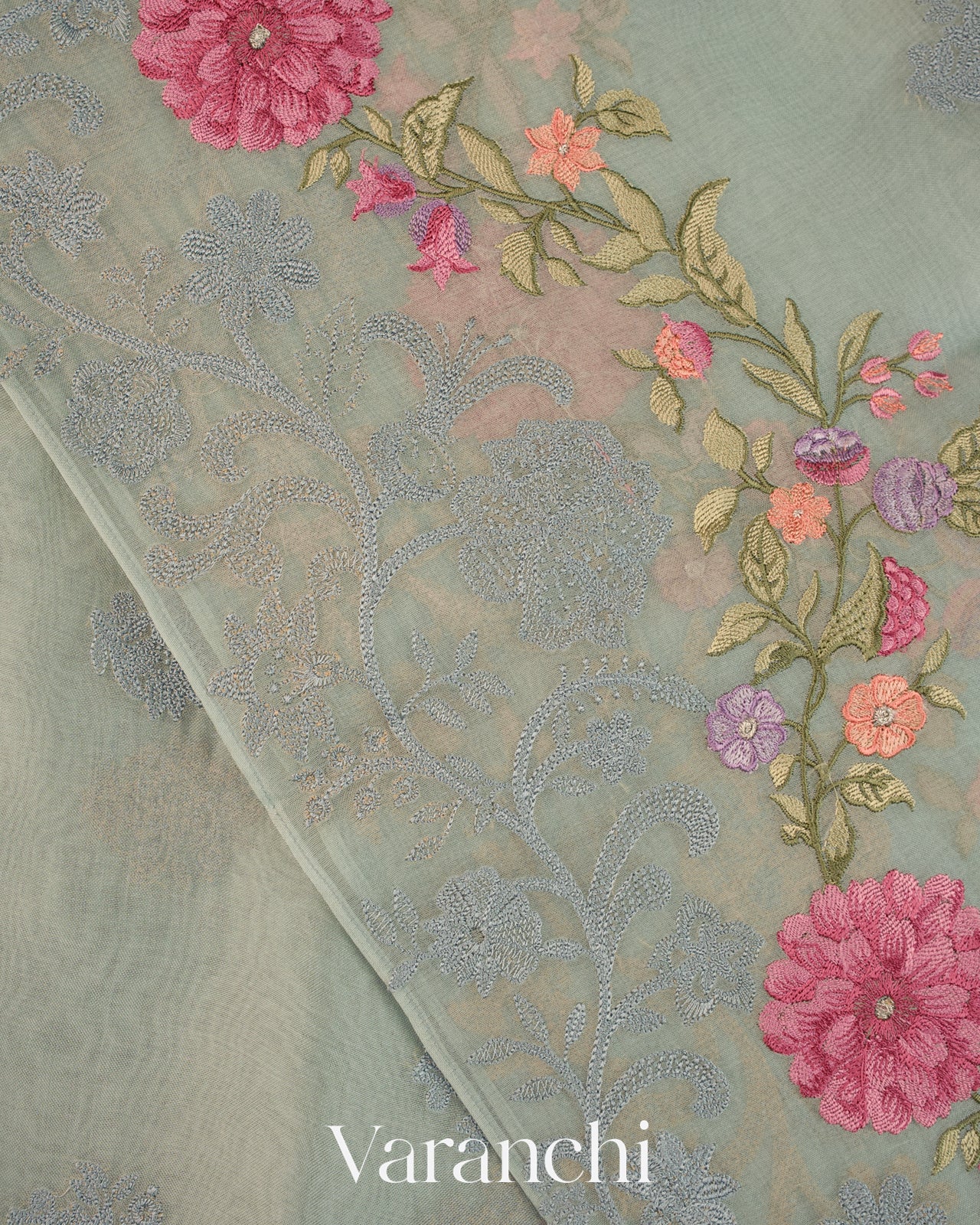 Powder Blue Floral Embroidered Pure Kora Silk Saree