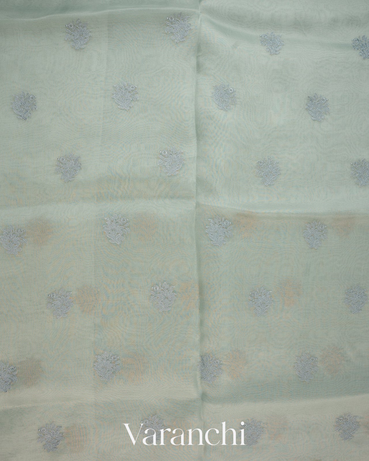 Powder Blue Floral Embroidered Pure Kora Silk Saree