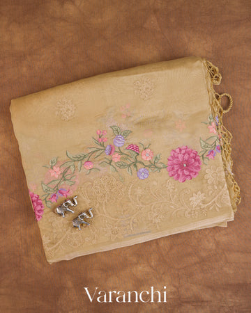 Golden Floral Embroidered Pure Kora Silk Saree