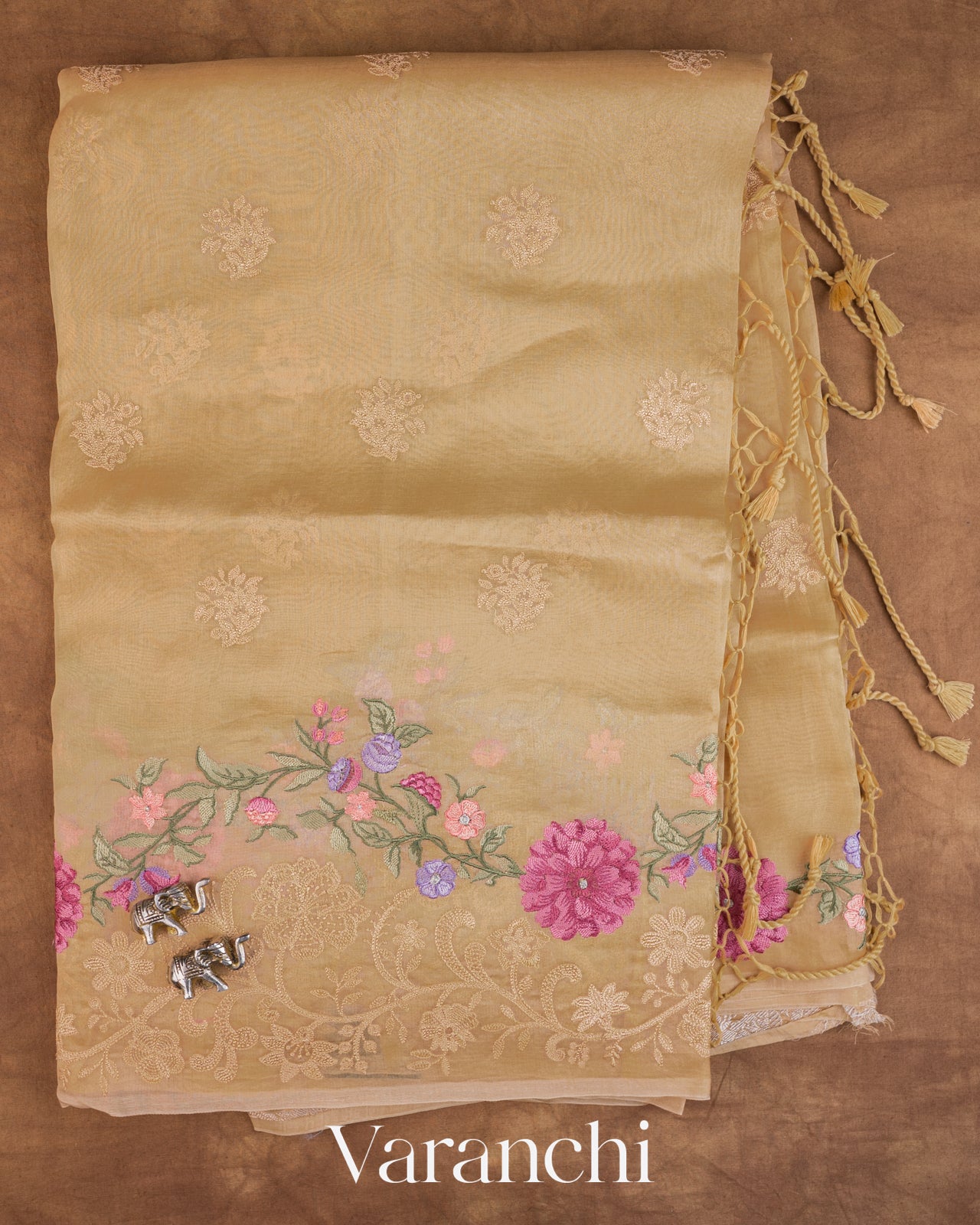 Golden Floral Embroidered Pure Kora Silk Saree