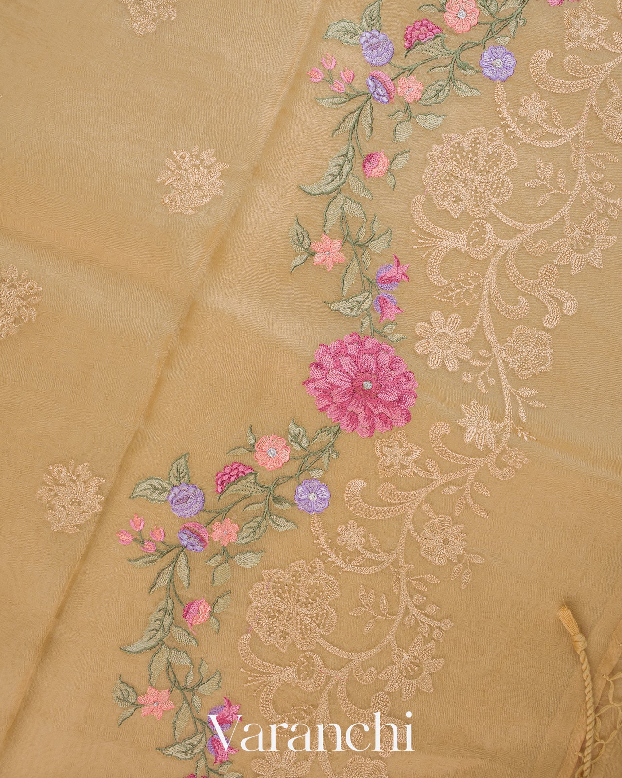 Golden Floral Embroidered Pure Kora Silk Saree