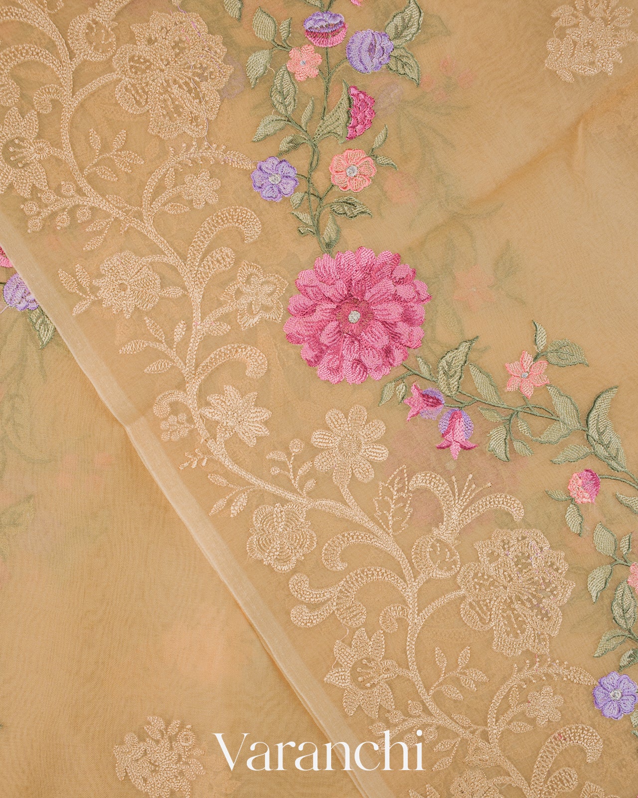Golden Floral Embroidered Pure Kora Silk Saree