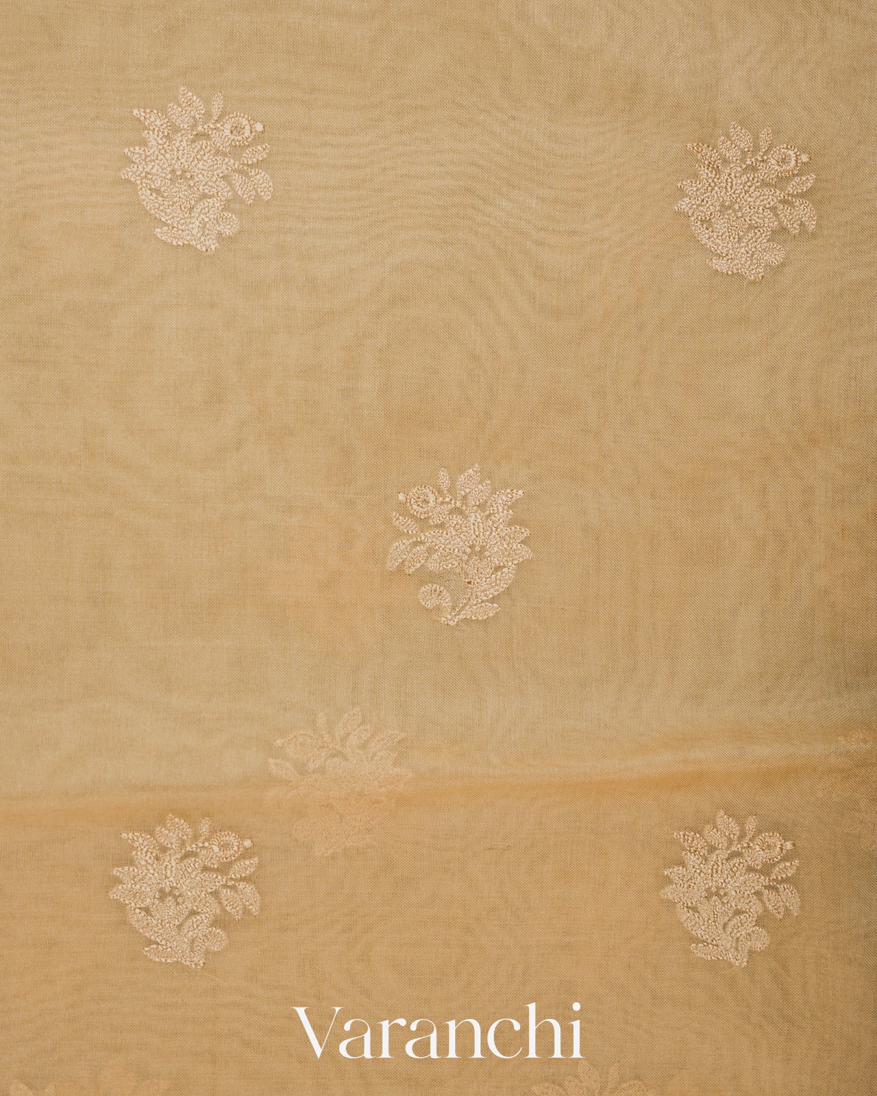Golden Floral Embroidered Pure Kora Silk Saree