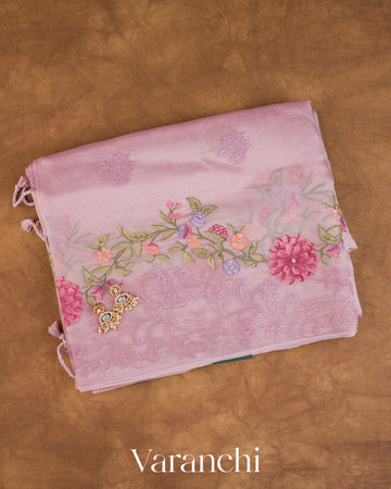 Lavender Floral Embroidered Pure Kora Silk Saree