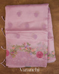Lavender Floral Embroidered Pure Kora Silk Saree