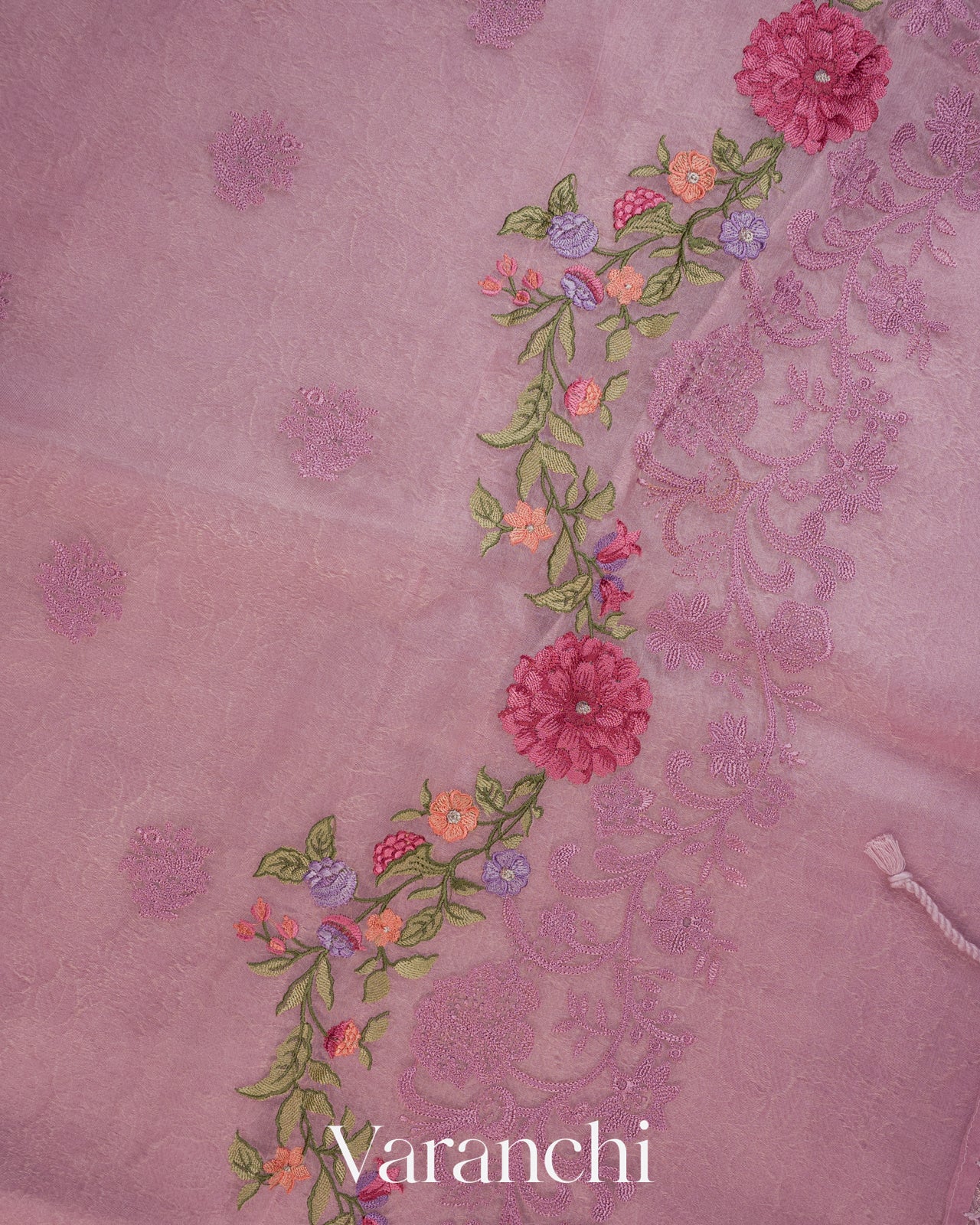 Lavender Floral Embroidered Pure Kora Silk Saree