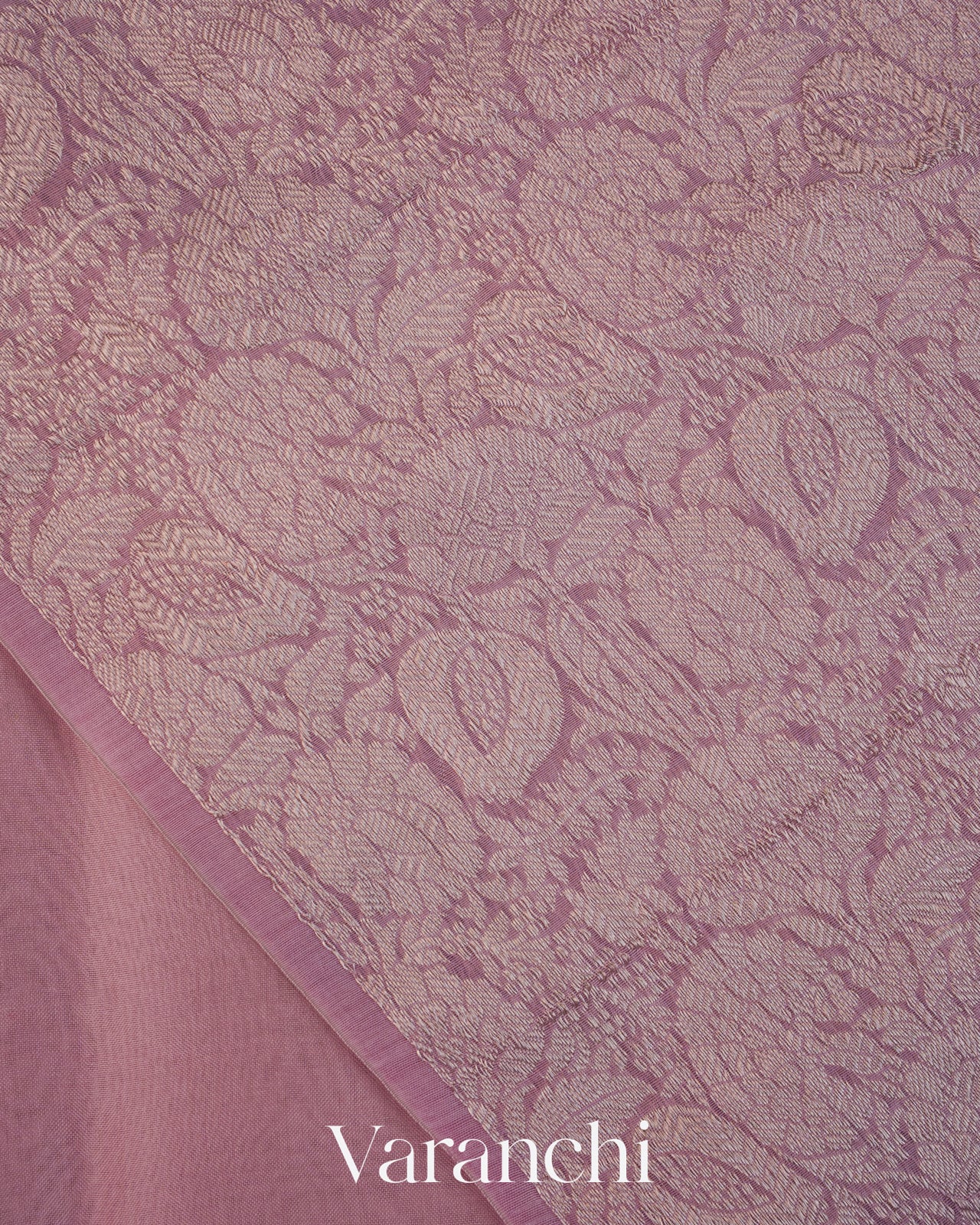 Lavender Floral Embroidered Pure Kora Silk Saree