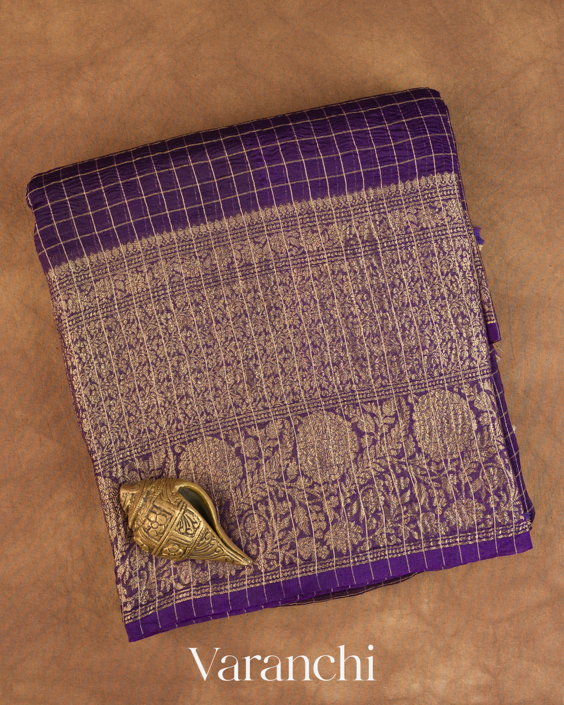 Deep Violet Checkered Pure Kora Silk Saree