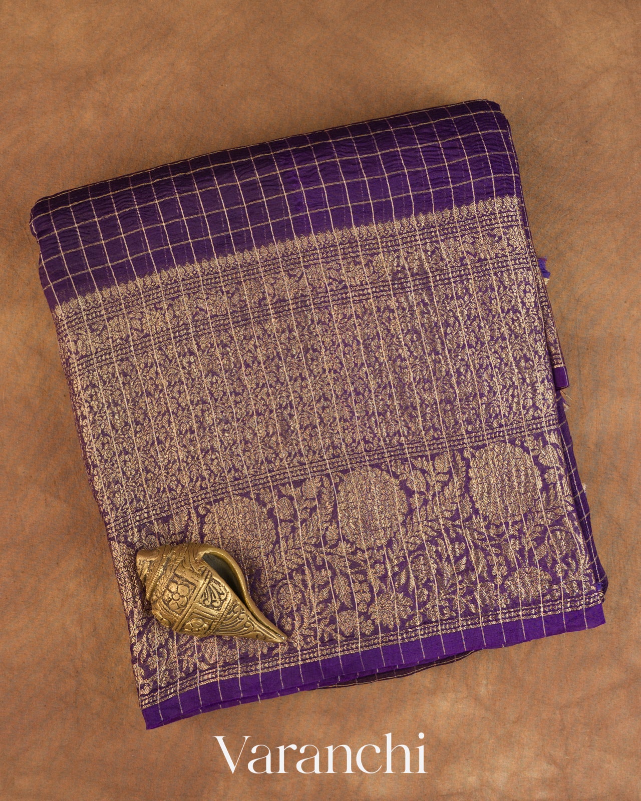 Deep Violet Checkered Pure Kora Silk Saree