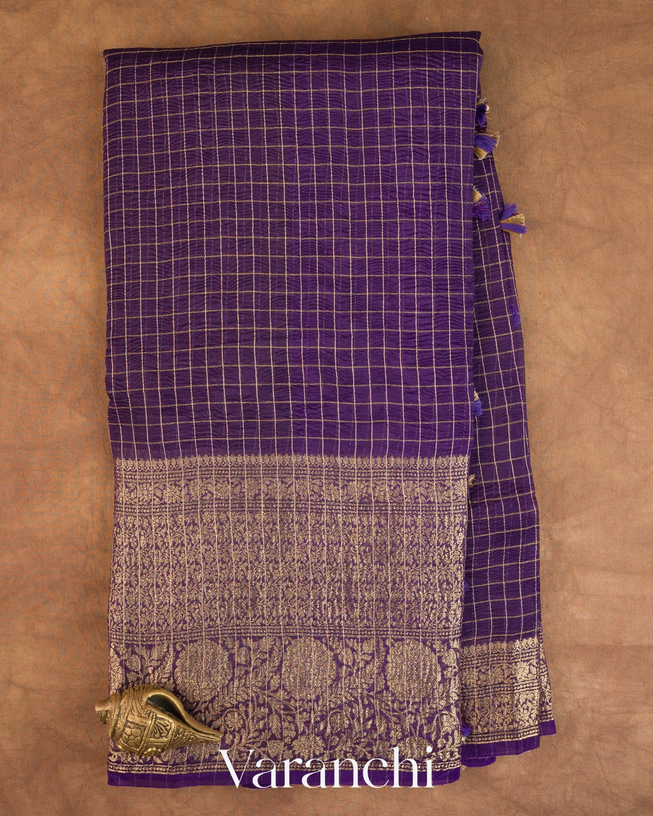 Deep Violet Checkered Pure Kora Silk Saree