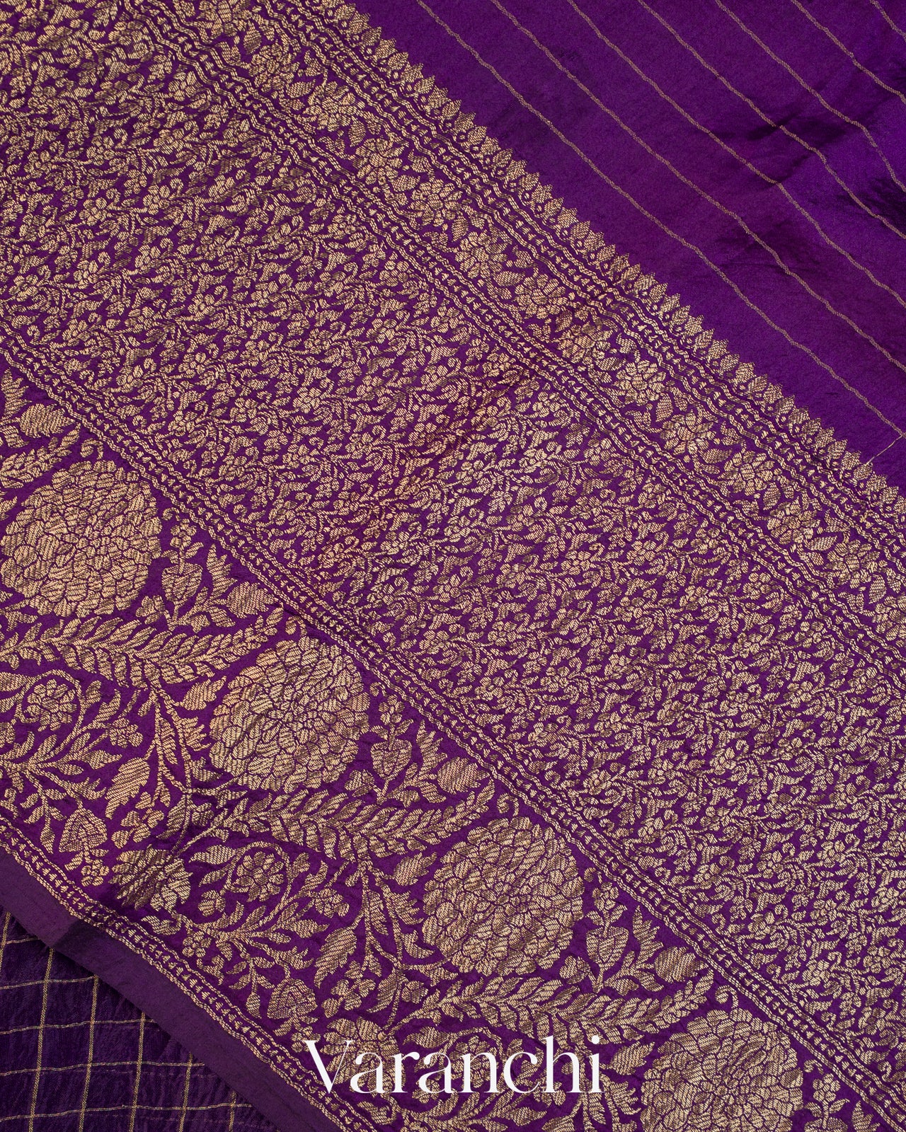 Deep Violet Checkered Pure Kora Silk Saree