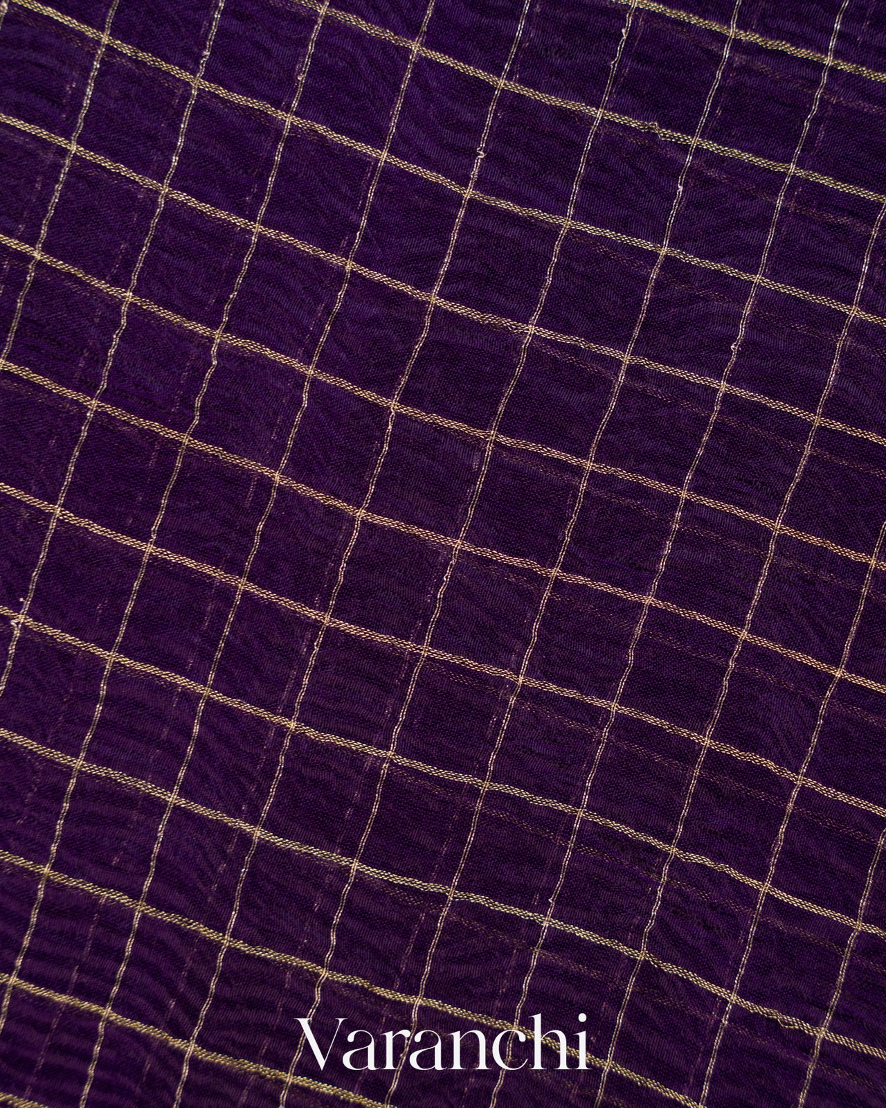 Deep Violet Checkered Pure Kora Silk Saree