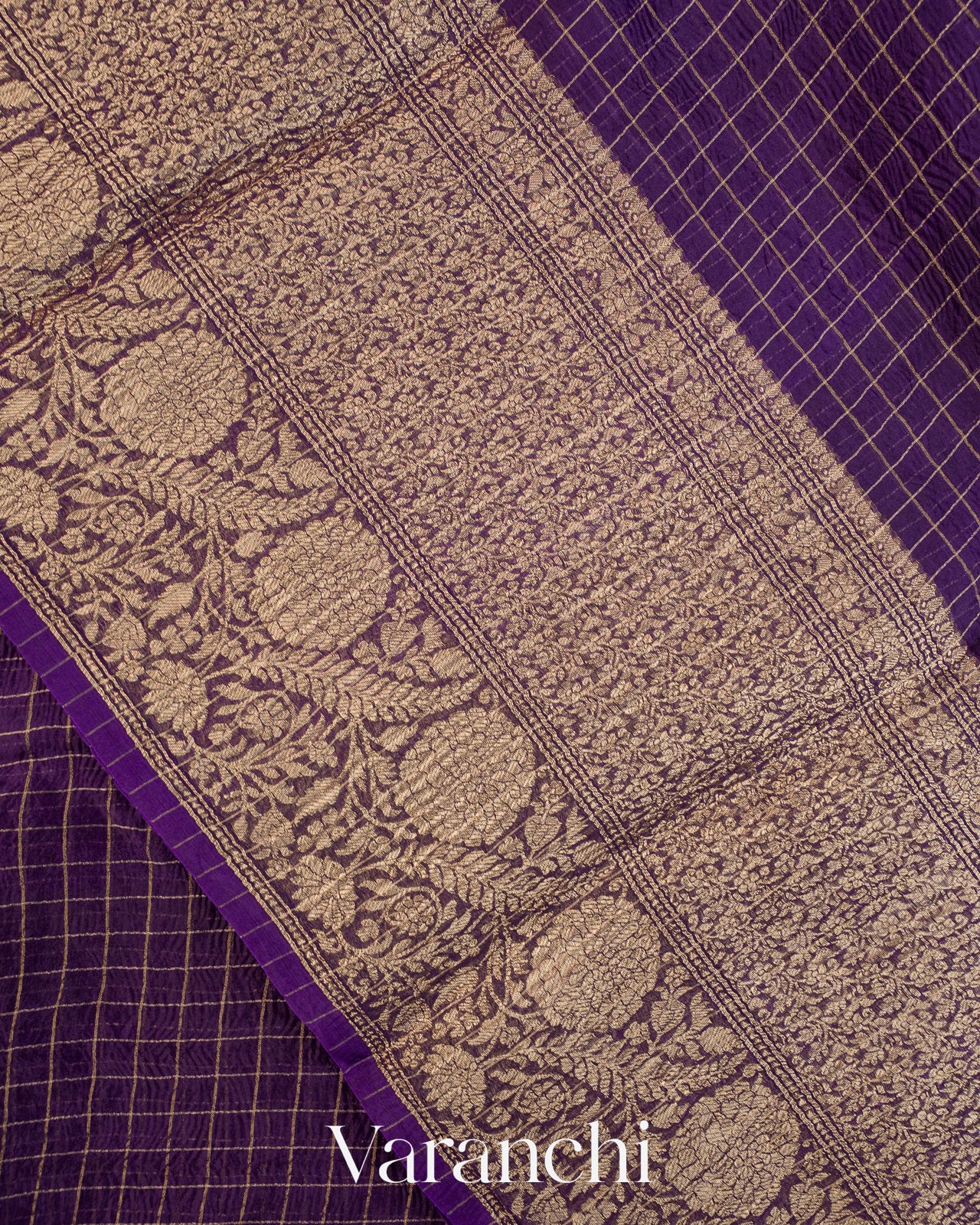 Deep Violet Checkered Pure Kora Silk Saree