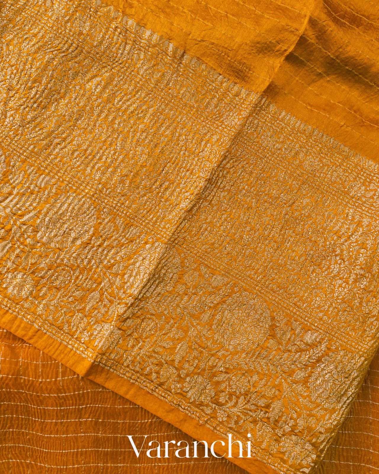 Mustard Yellow Checkered Pure Kora Silk Saree
