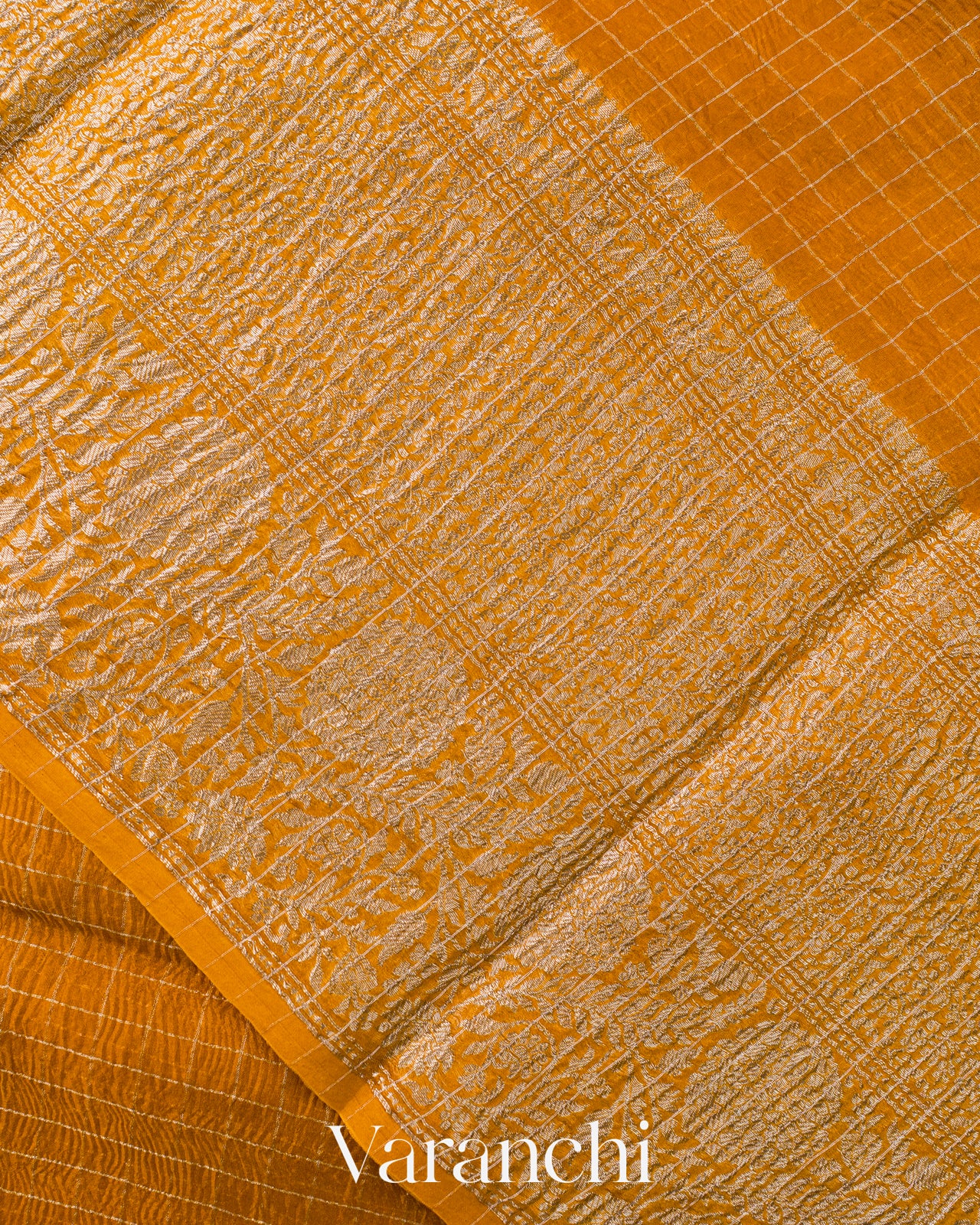 Mustard Yellow Checkered Pure Kora Silk Saree