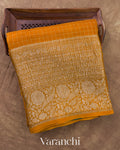 Mustard Yellow Checkered Pure Kora Silk Saree