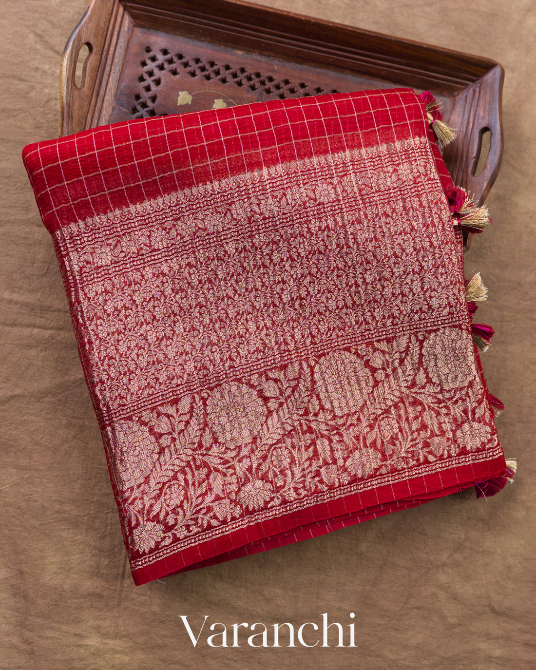 Red Checkered Pure Crush Kora Silk Saree — Folded