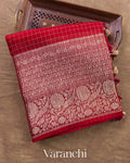 Red Checkered Pure Crush Kora Silk Saree — Folded