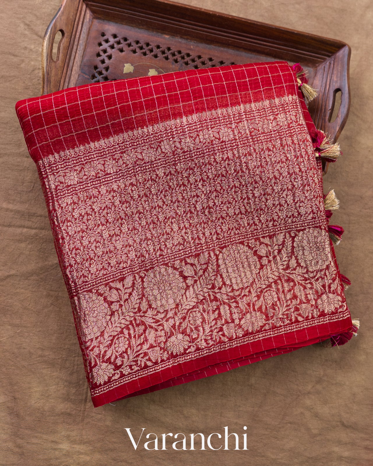 Red Checkered Pure Crush Kora Silk Saree — Folded
