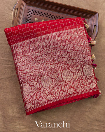 Red Checkered Pure Crush Kora Silk Saree — Folded