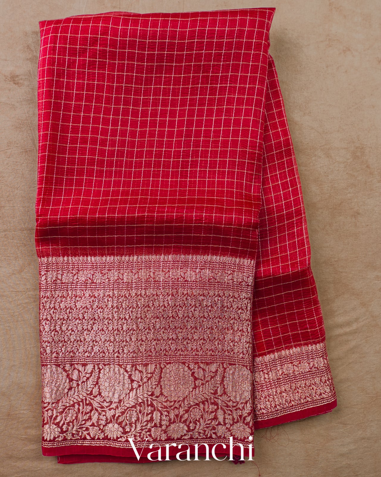 Red Checkered Pure Crush Kora Silk Saree — Full Saree