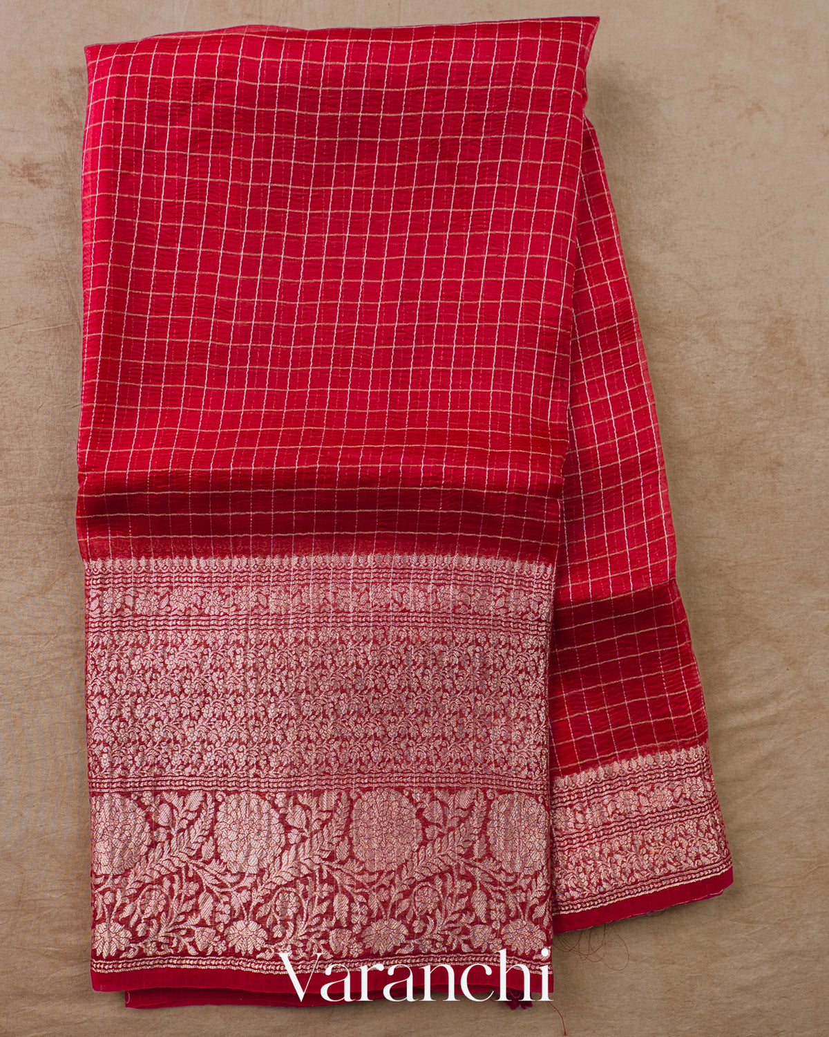 Crimson Red Checkered Pure Crush Kora Silk Saree — Full Saree