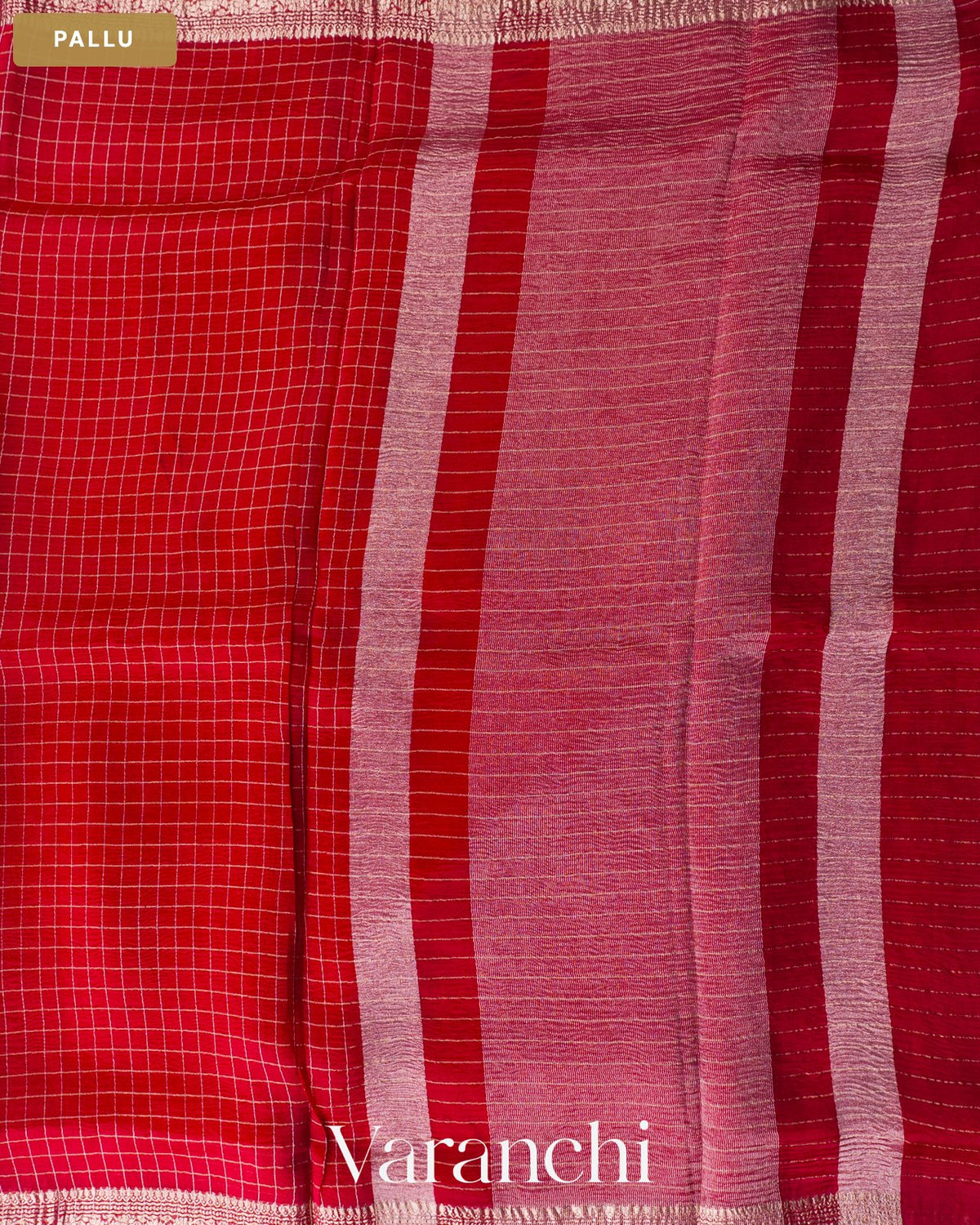 Crimson Red Checkered Pure Crush Kora Silk Saree — Pallu