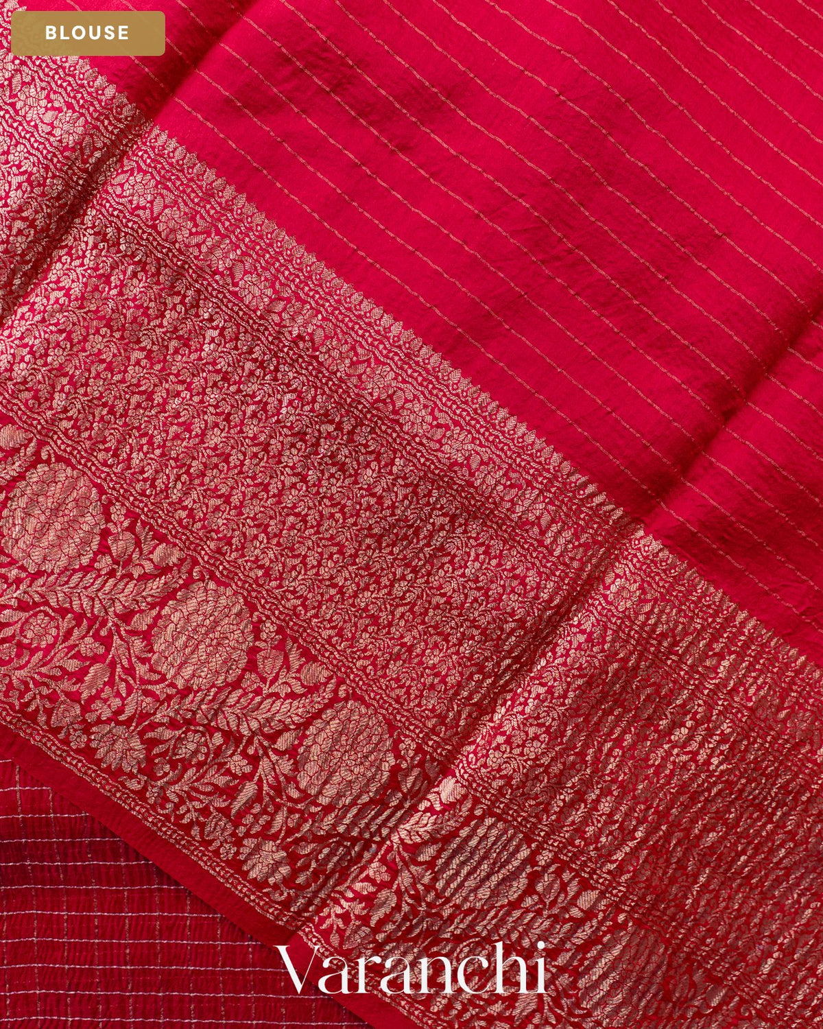 Crimson Red Checkered Pure Crush Kora Silk Saree — Blouse
