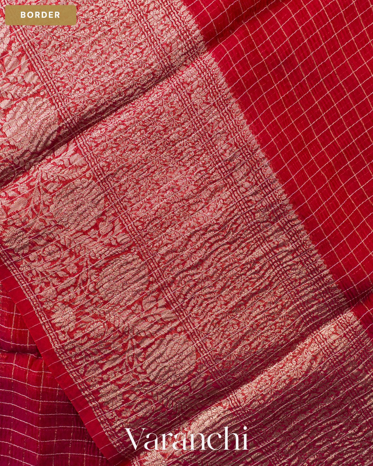 Crimson Red Checkered Pure Crush Kora Silk Saree — Border